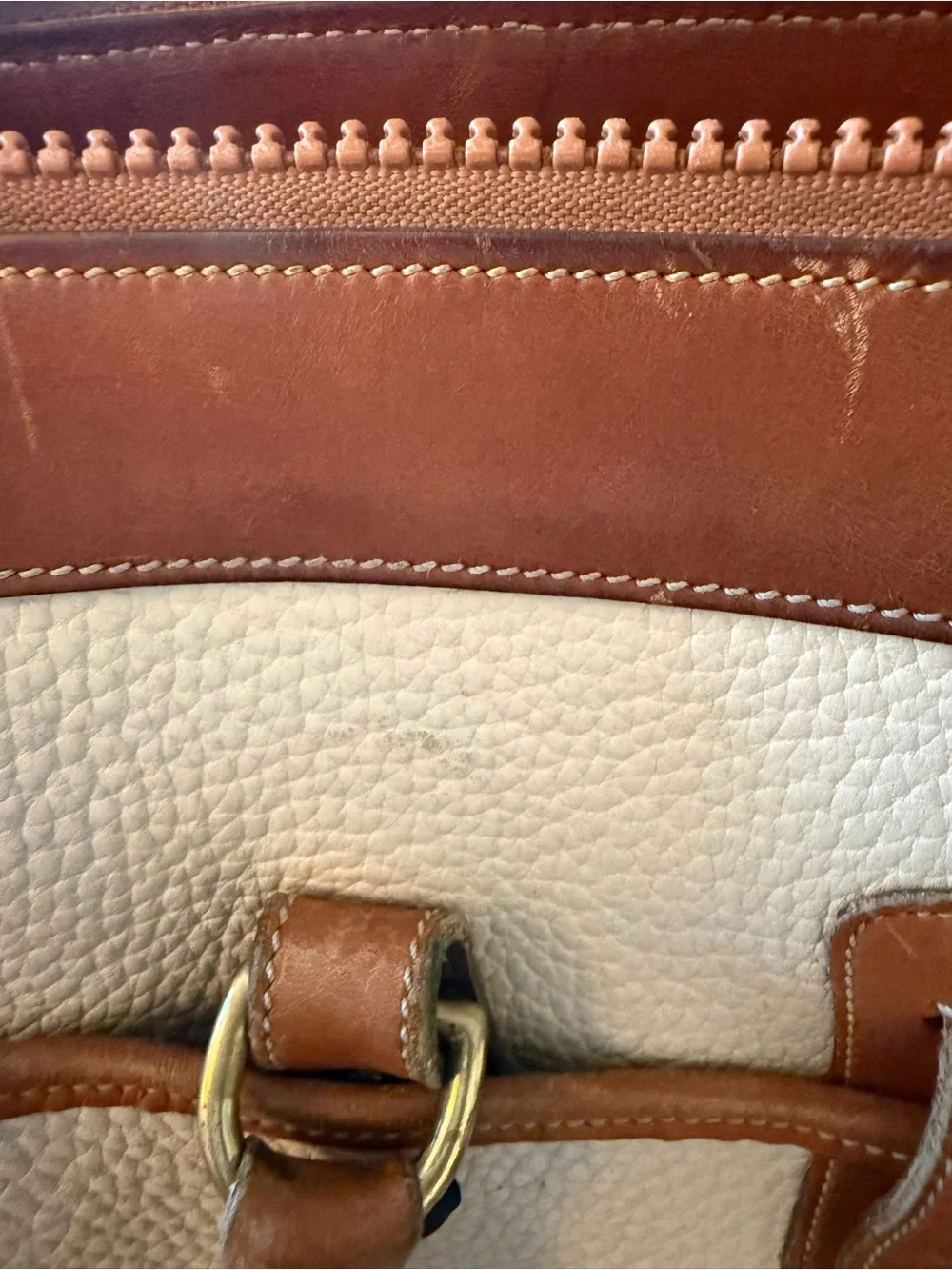Leather-Trim Cream Tote Bag with Brown Accents